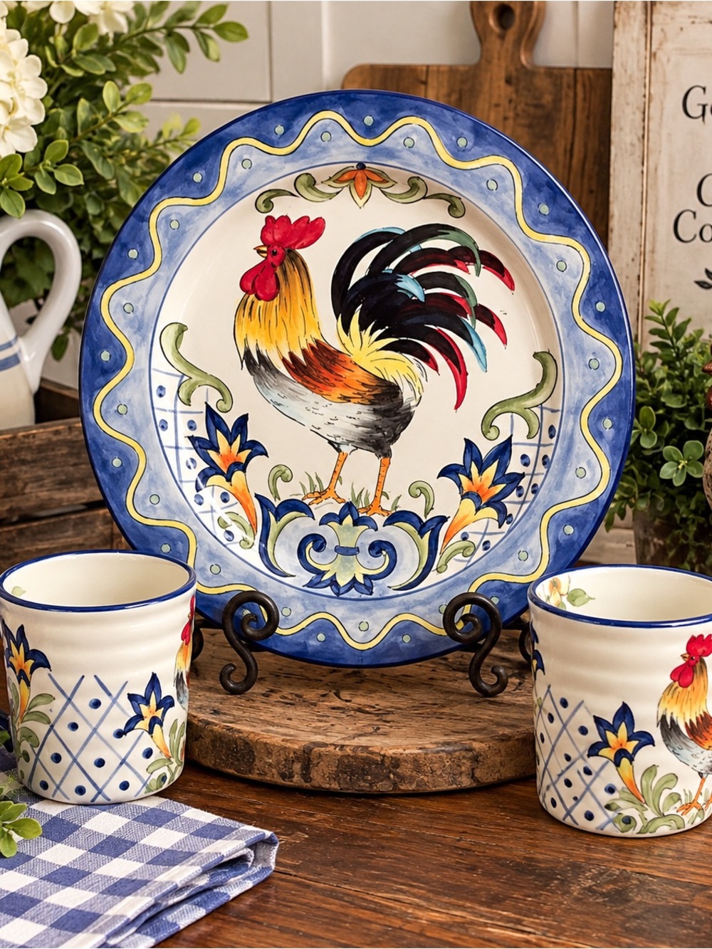 Hand-Painted Rooster Ceramic Dinner Plate - Blue Accent